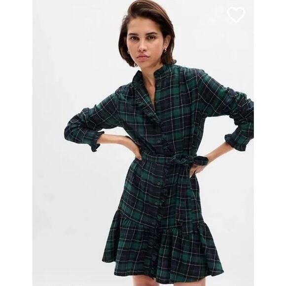 Gap Petites Size Small Plaid Shirt Mini Dress Green Cotton Ruffled Long Sleeves - Picture 1 of 11